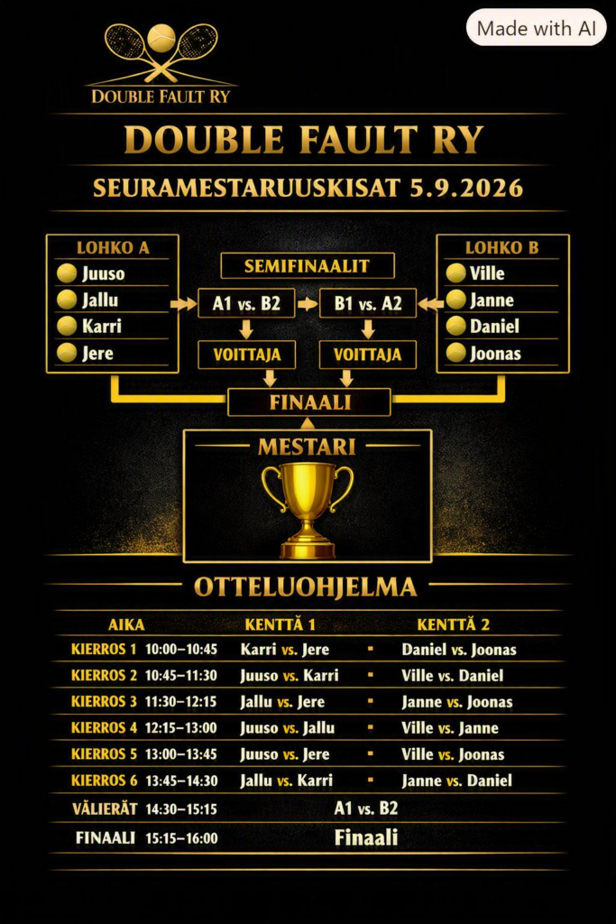 Double Fault ry:n seuramestaruuskisojen lohkot ja otteluohjelma 5.9.2026